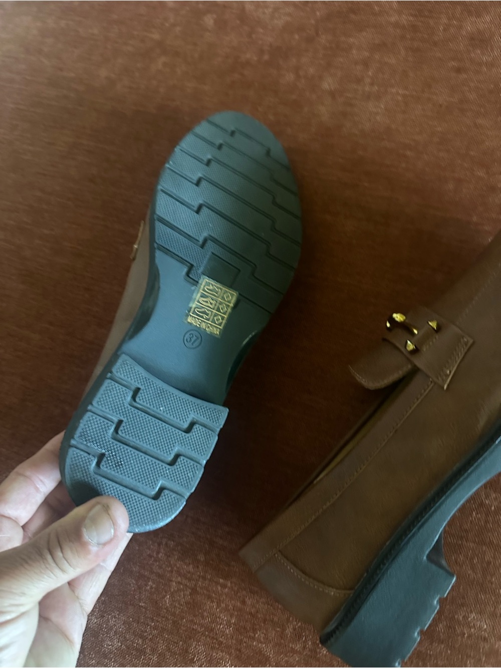 Women's Brown Loafers with Gold Bar Accent - Picture 4 of 5